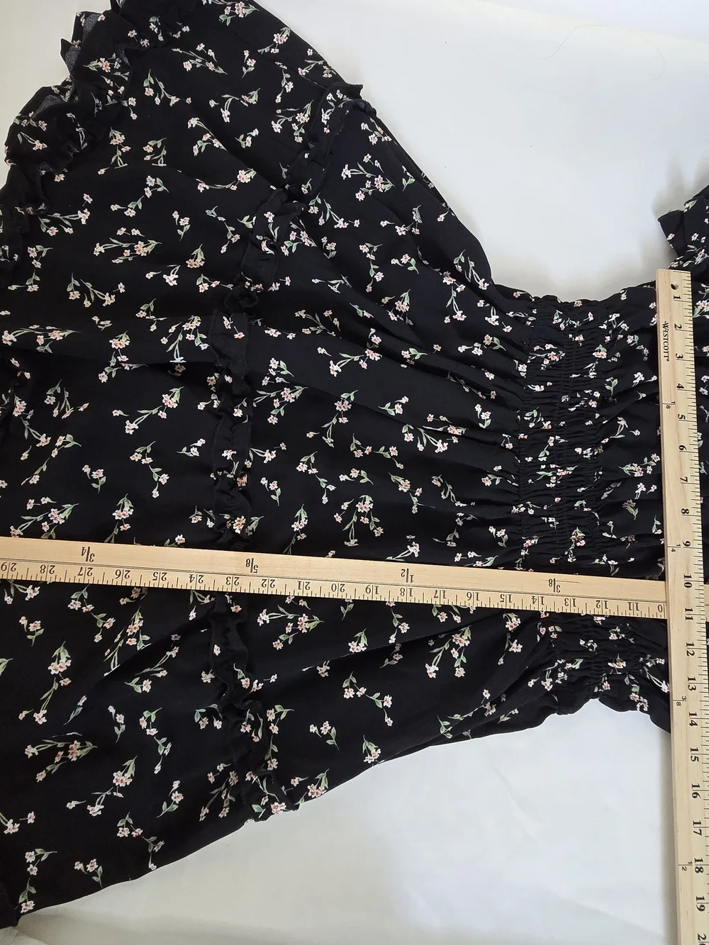 Black Floral Smocked Mini Dress Cottagecore Ruffle Puff Sleeve Boho Summer -L